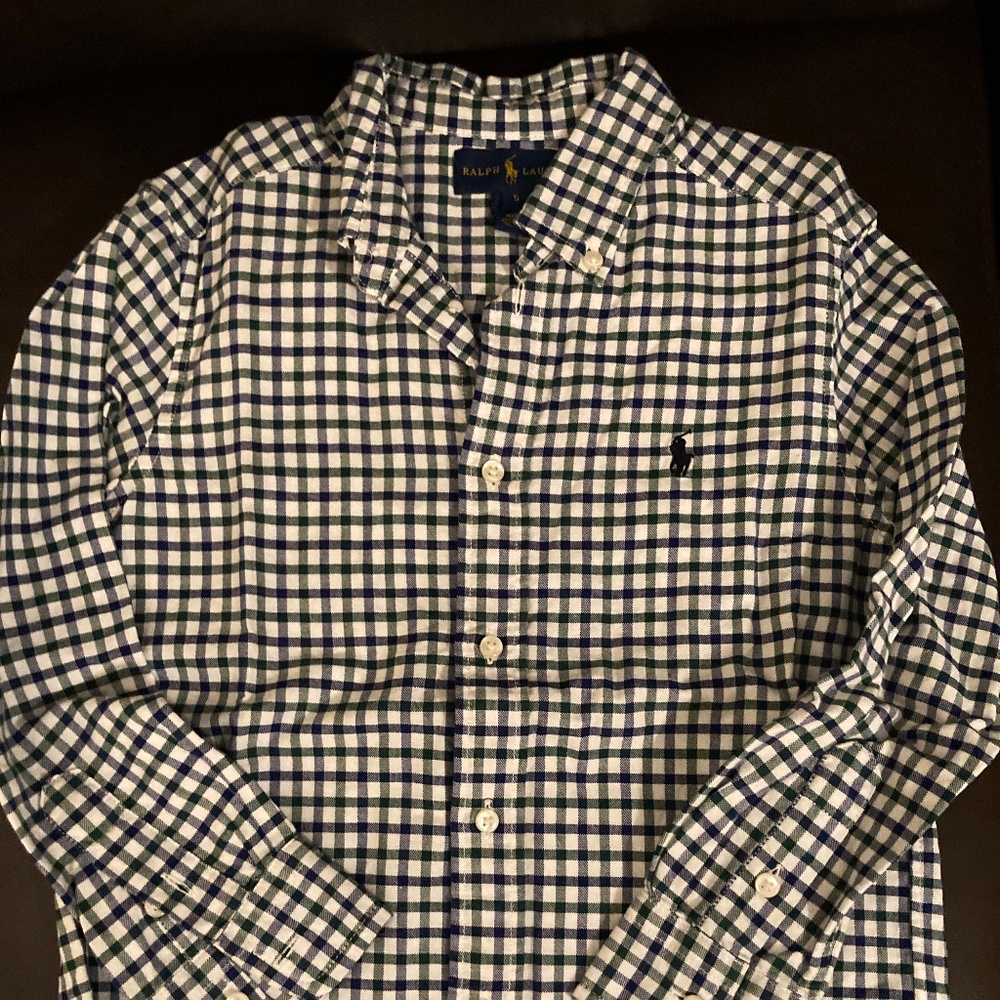 Boys Ralph Lauren  button down blue, green and white checkered shirt  size 5
